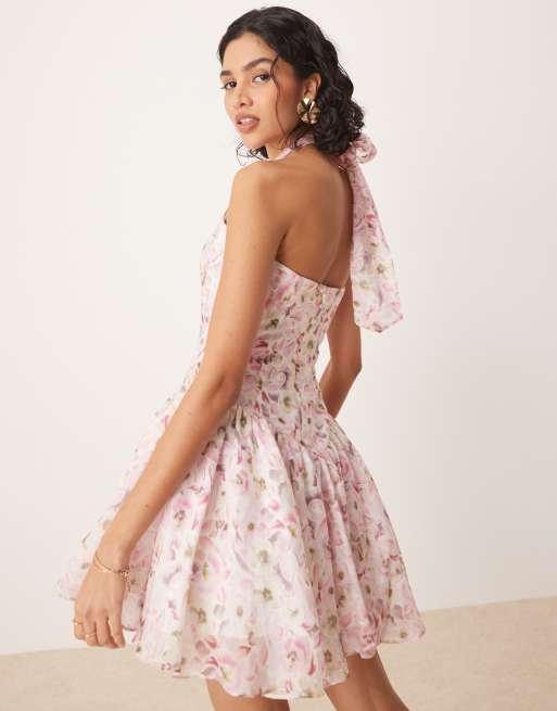 Bardot halter neck mini dress in pink floral | ASOS