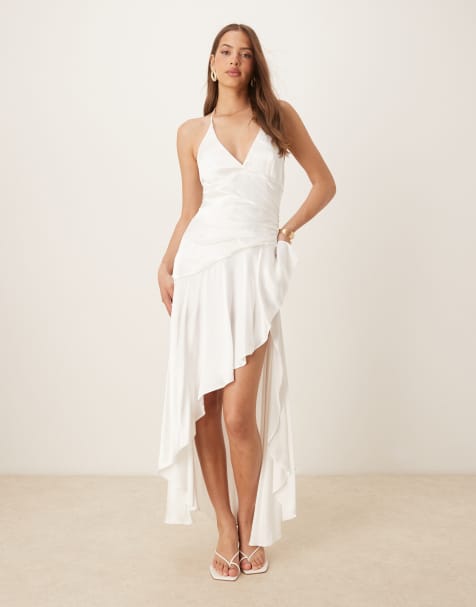 Bardot halterneck asymmetric midaxi dress in white - view 1