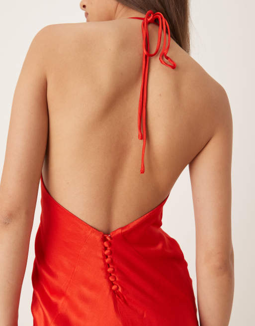 Bardot halterneck satin maxi dress in red, 2 of 4