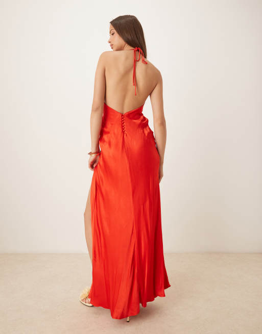 Bardot halterneck satin maxi dress in red