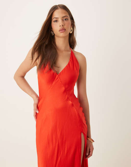 Bardot halterneck satin maxi dress in red