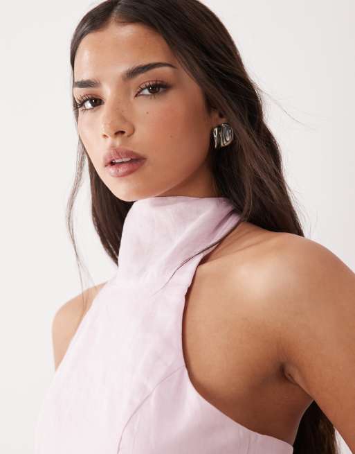 Bardot Harlow cotton high halter neck crop top co-ord in baby pink - PINK, 3 of 4