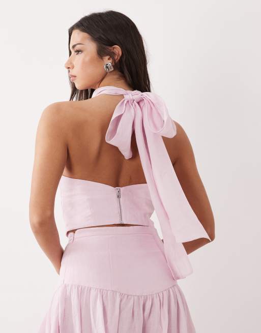 Bardot Harlow cotton high halter neck crop top co-ord in baby pink - PINK, 4 of 4