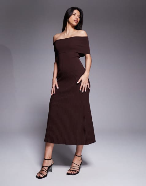 Bardot Harro rib knit off the shoulder midi dress in chocolate brown - view 1