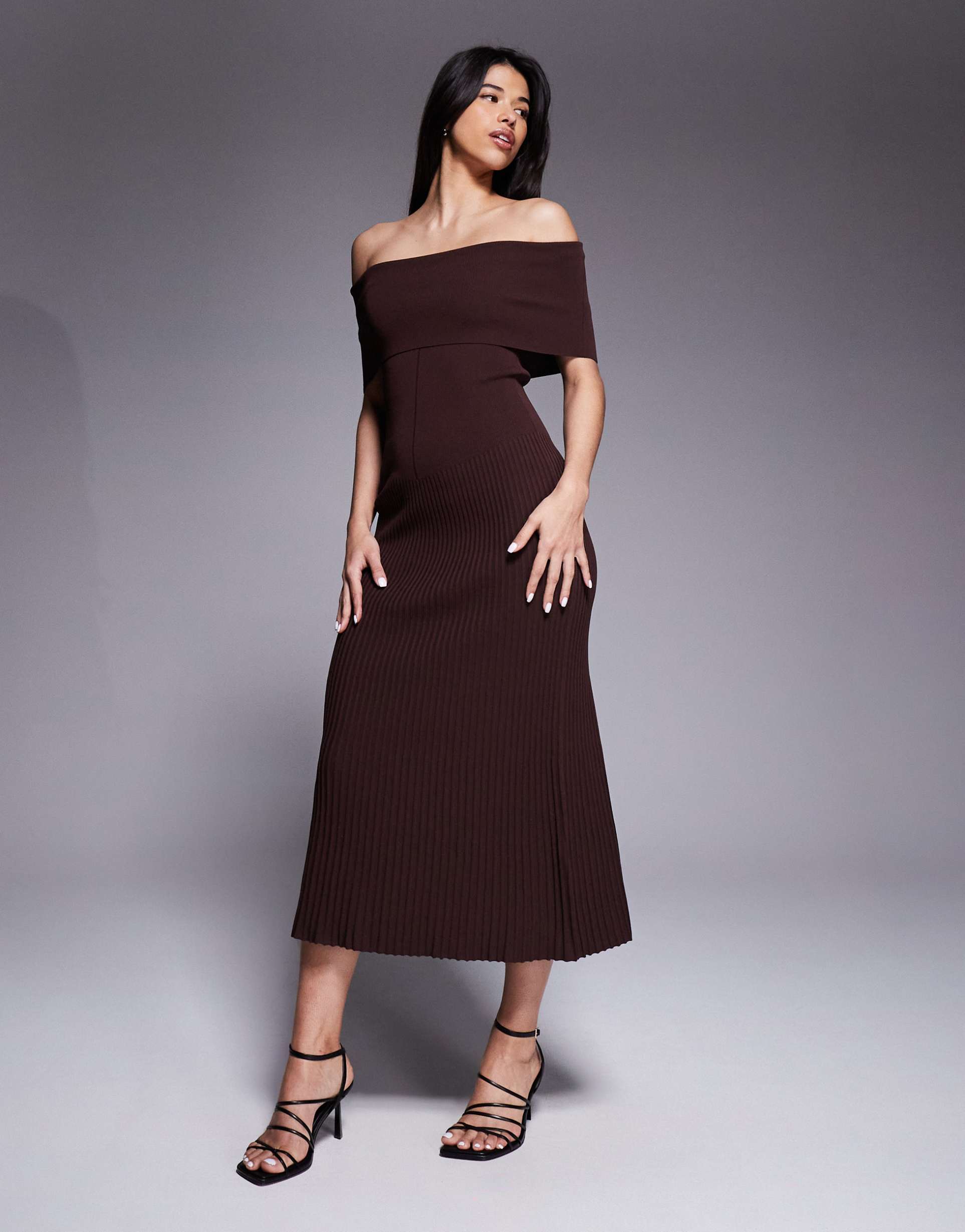 bardot harro rib knit off the shoulder midi dress in chocolate brown
