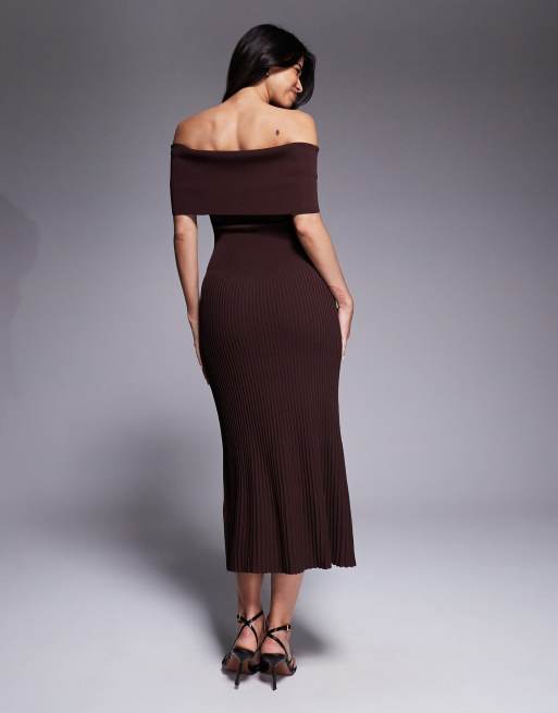 Bardot - Harro - Vestito midi in maglia a coste con spalle scoperte color marrone cioccolato, 4 di 4