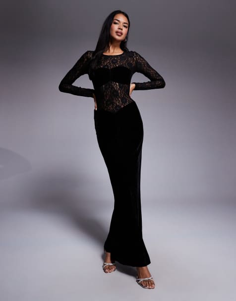Bardot Helenie velour lace maxi dress in black