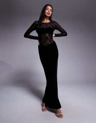 Bardot - Helenie - Robe longue en velours et dentelle - Noir