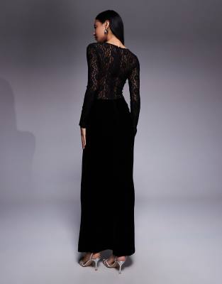Bardot Helenie Long-sleeve Stretch Velvet Lace Maxi Dress In Black