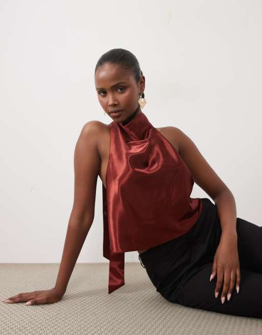 Bardot satin backless top and maxi skirt set in rust, 3 of 3