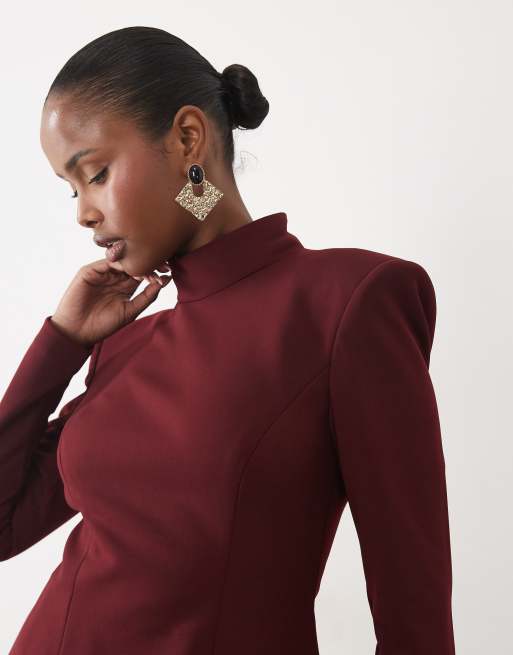 Bardot high neck shoulder pad front pocket detail mini dress in burgundy, 3 of 4