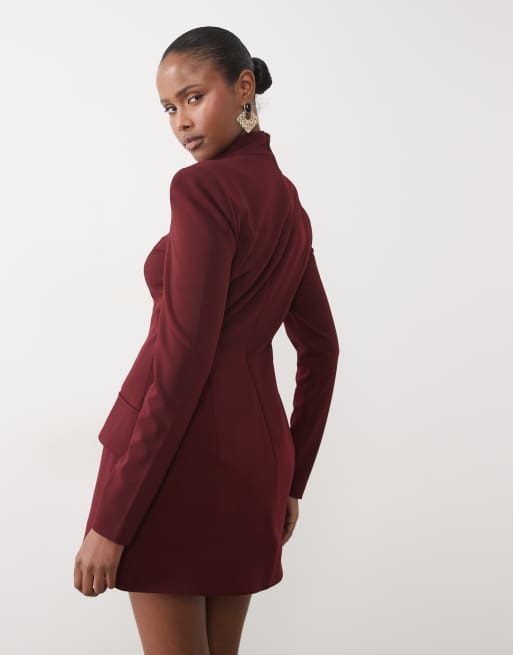 Bardot high neck shoulder pads front pocket detailing mini dress in burgundy
