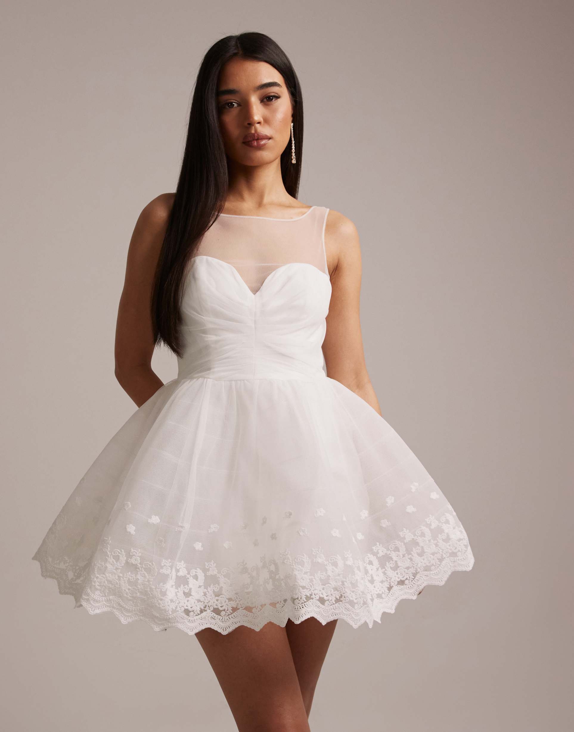 bardot hilda sleeveless sheer insert sweetheart neck voluminous skirt mini dress in ivory