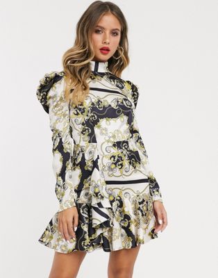 Bardot - Hoogsluitende mini-jurk met volant en kettingprint-Multi
