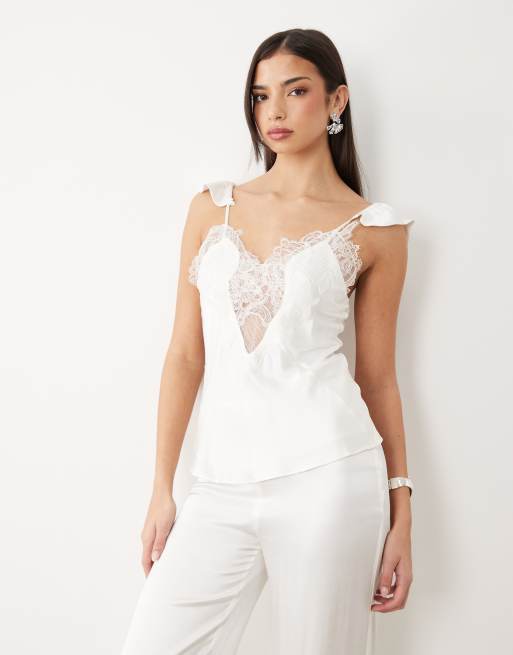 Bardot Ivy lace detail camisole and satin pants set in orchid white, 2 of 3