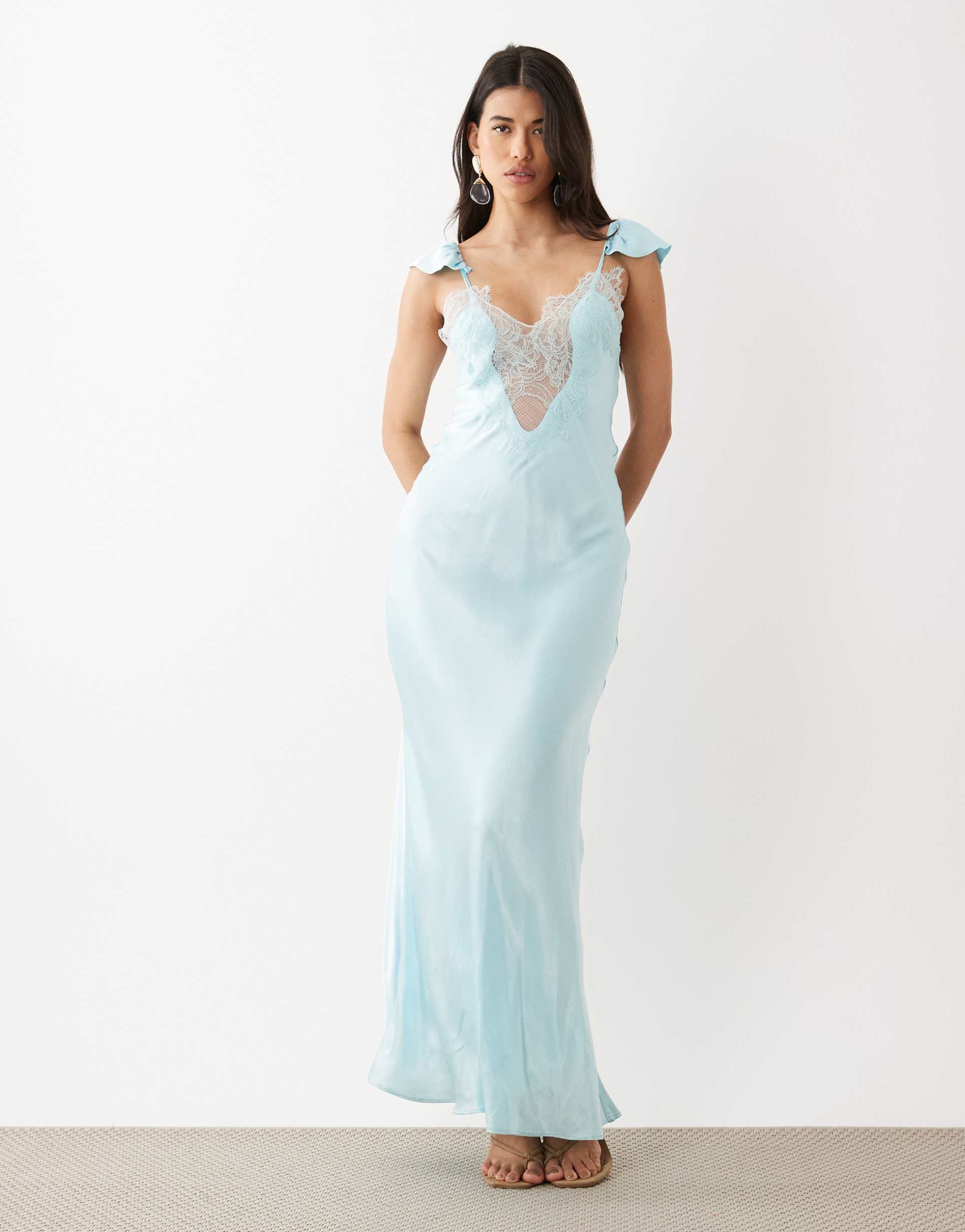 bardot ivy plunge neck lace detailing satin maxi dress in soft blue