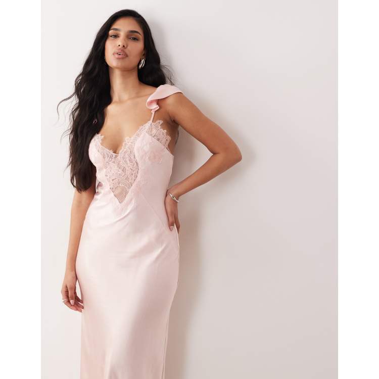 Bardot Ivy plunge neck lace detailing satin maxi dress in soft pink | ASOS