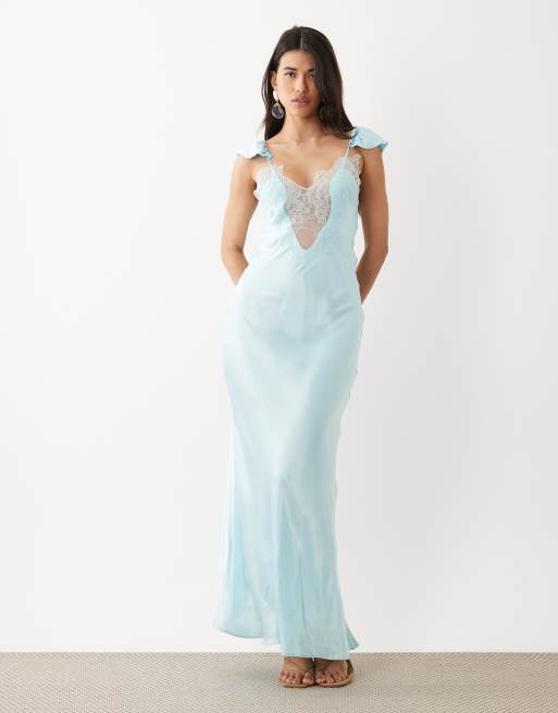 Bardot - Ivy - Vestito lungo in raso blu tenue con scollo profondo e dettaglio in pizzo