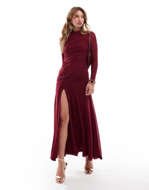 Bardot ruched mesh maxi dress in berry 