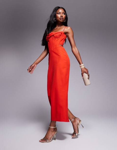 Bardot corset maxi dress in fire red