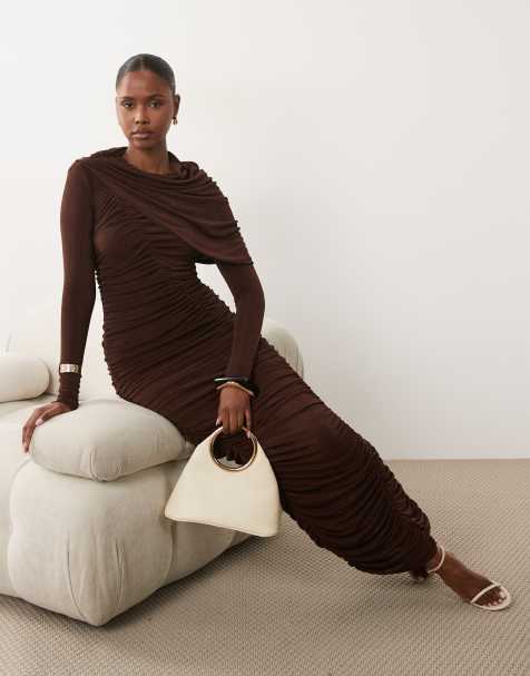 Bardot jersey cowl neck cape detail ruched maxi dress in chocolate - view 1