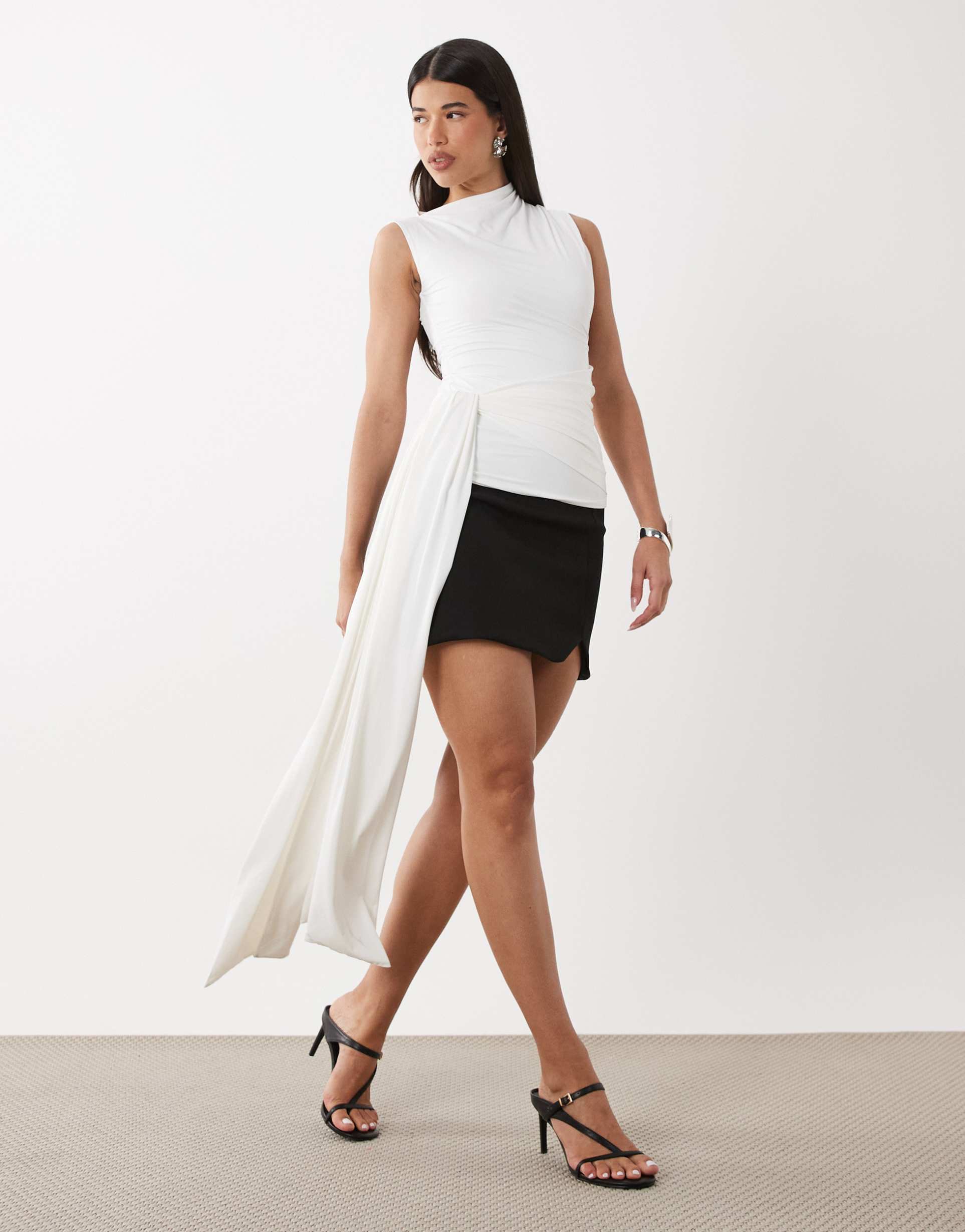 bardot jordan longline high neck top with tie waist in orchid white