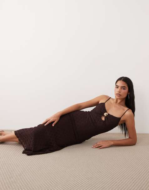 Bardot Karla cami lace mesh gold trim midi dress in chocolate - view 1