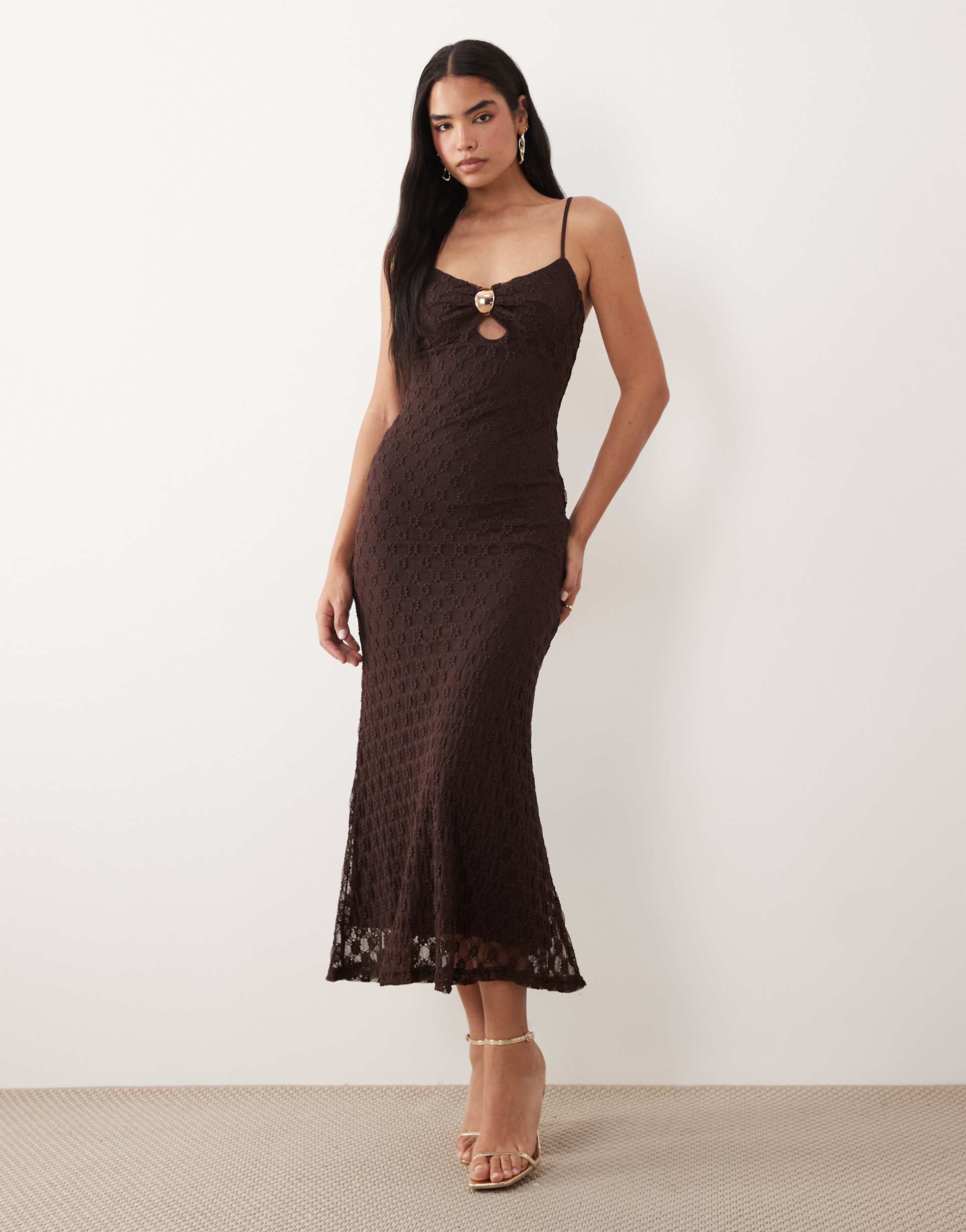 bardot karla cami lace mesh gold trim midi dress in chocolate