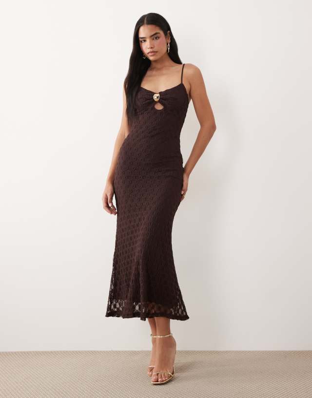 paris lace bodycon dress bardot Karla cami mesh gold trim midi in chocolate Publish Date:05-27-2026