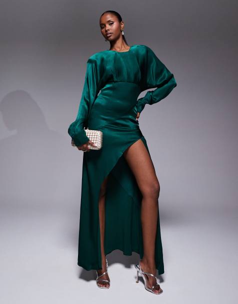 Bardot Kartia long sleeve maxi dress with split in green