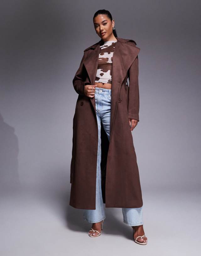 Bardot Kira faux suede trench coat in chocolate | ASOS