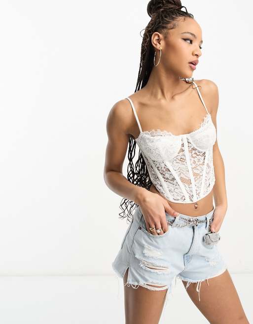 Eve White Lace Bustier Corset Crop Top, 59% OFF