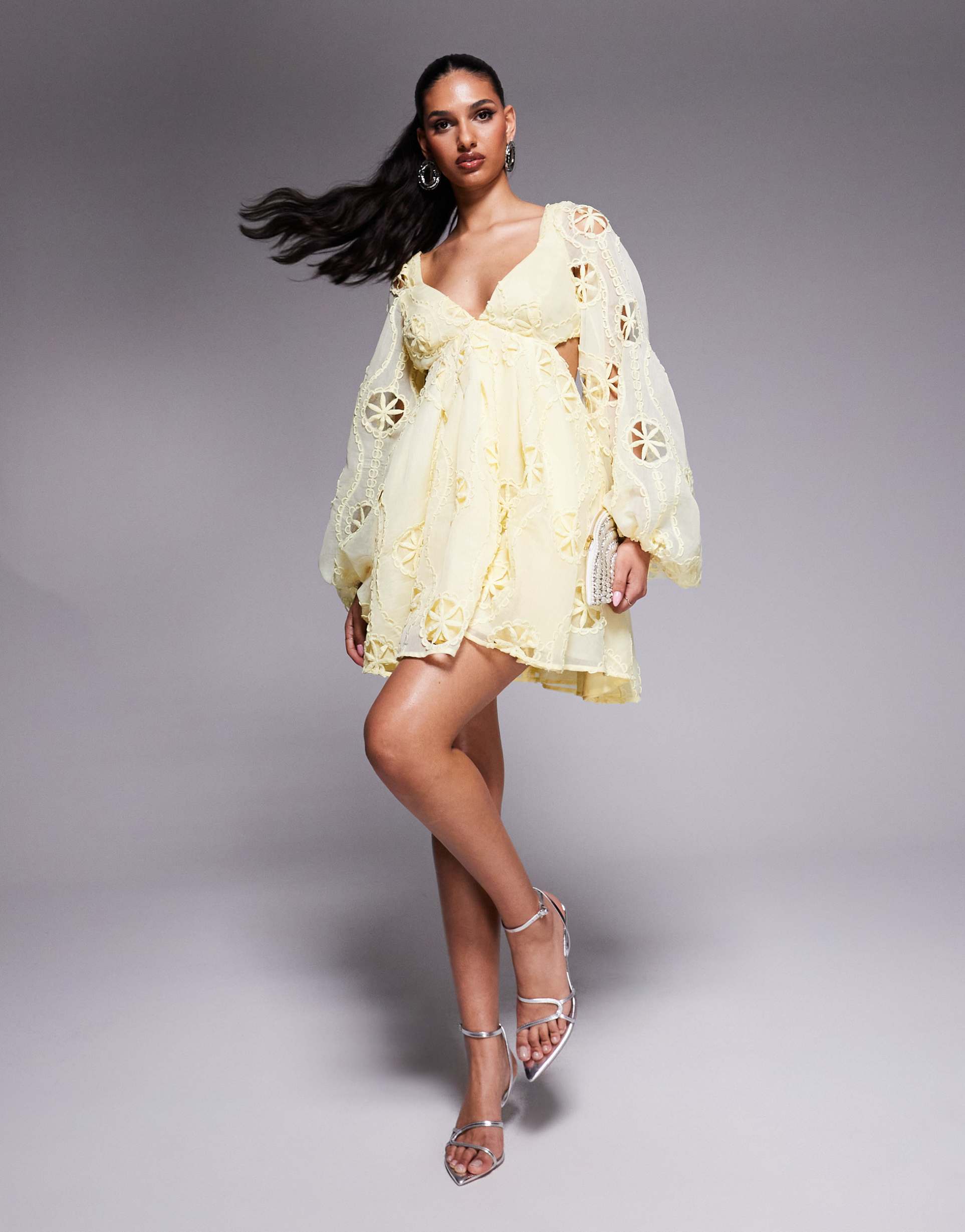 bardot lace cut out mini dress in lemon