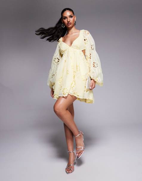 Bardot lace cut out mini dress in lemon 