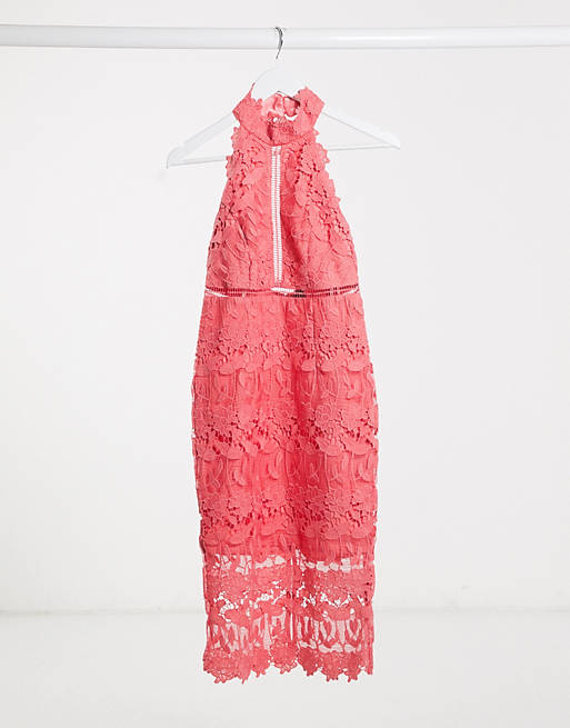 Bardot lace halter midi dress in coral