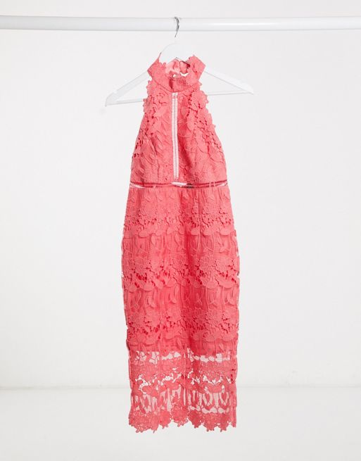 Product photo of Bardot lace halter midi dress in coral - orange