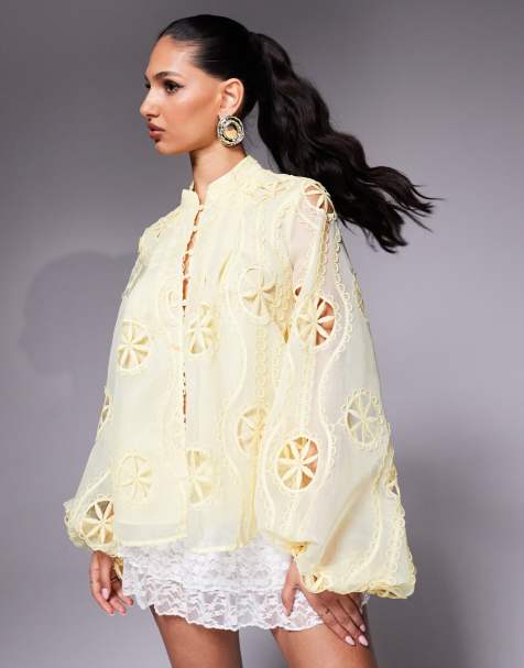 Bardot lace long sleeve blouse in lemon - view 1