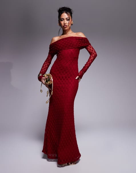 Bardot lace mesh bardot maxi dress in deep red