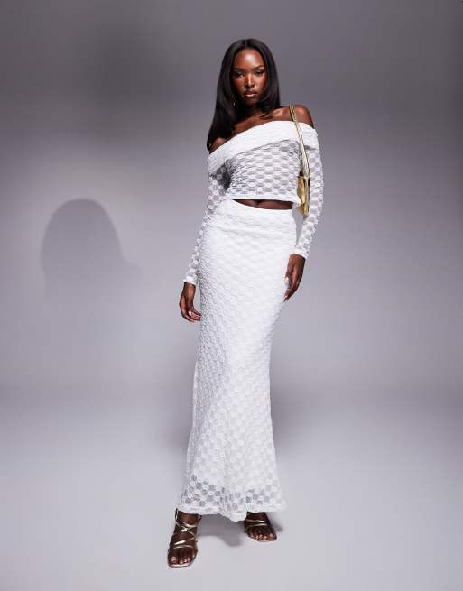 Bardot lace mesh long sleeve bardot top co-ord in white