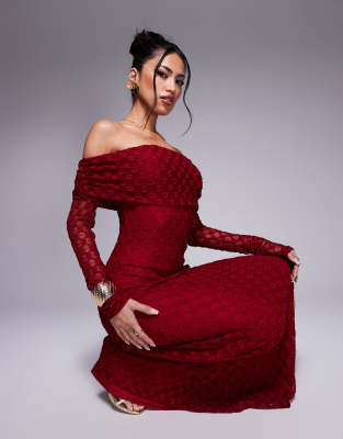 bardot lace mesh off the shoulder maxi dress in deep red