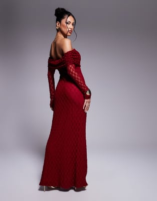 bardot lace mesh off the shoulder maxi dress in deep red