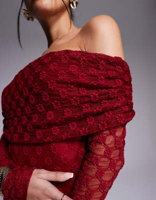 bardot lace mesh off the shoulder maxi dress in deep red