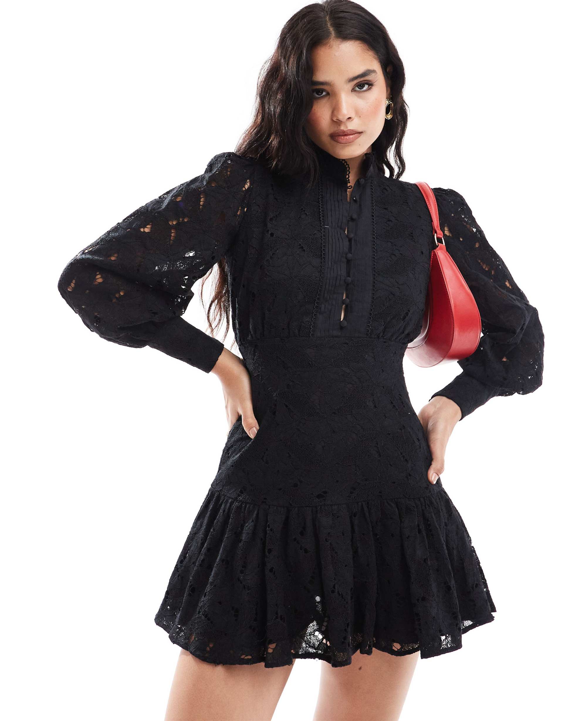 bardot lace mini dress in black