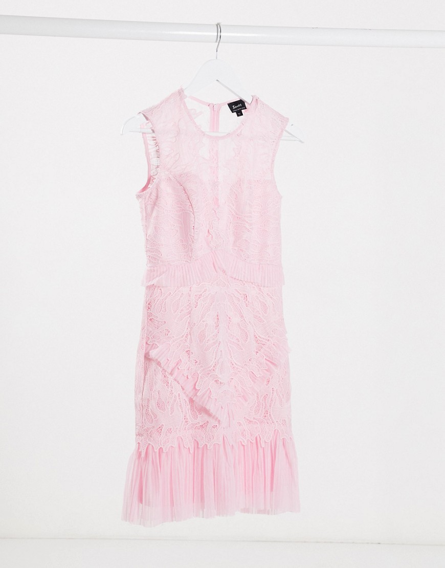 Bardot lace mini dress in blush pink