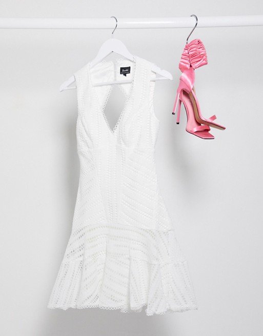 Bardot lace mini dress with flippy hem in ivory