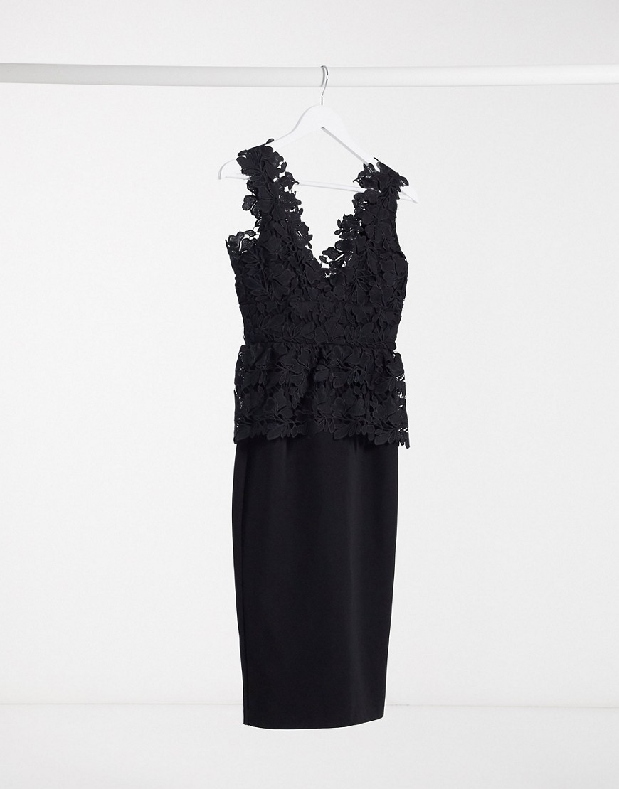 Bardot lace peplum midi dress in black