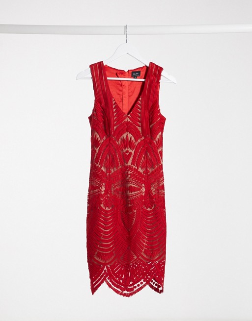 Bardot lace placement mini dress in red
