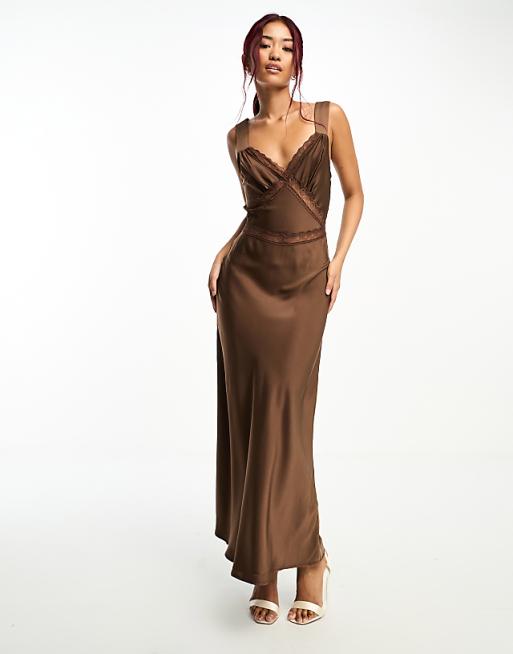 brown lace slip dress ZW COLLECTION SATIN - Finished with a refined French seam and a back elastic for easy wear Lace-Trim Slip Mini Dress