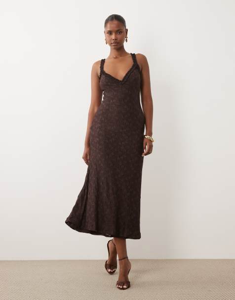 Bardot lace sweetheart neck sleeveless midi dress in chocolate - view 1