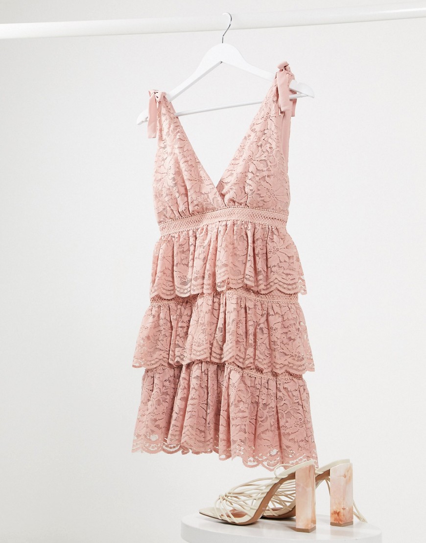 Bardot lace tiered mini dress in dusty pink